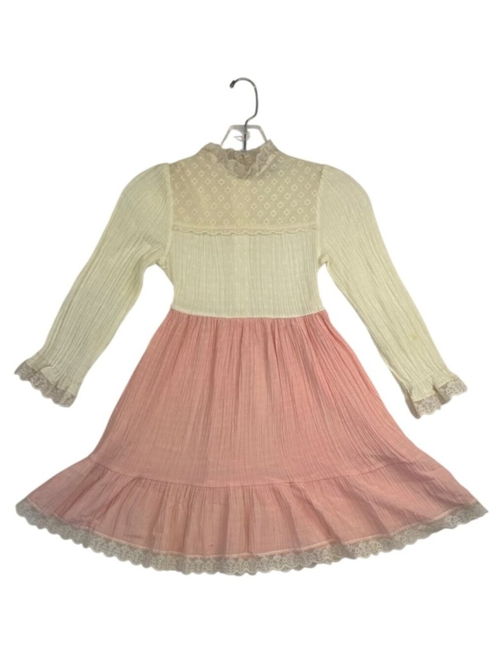 Vtg 70s Cinderella Girl's 7 Prairie Dress Pink Ivory Lace Longsleeve Cottagecore